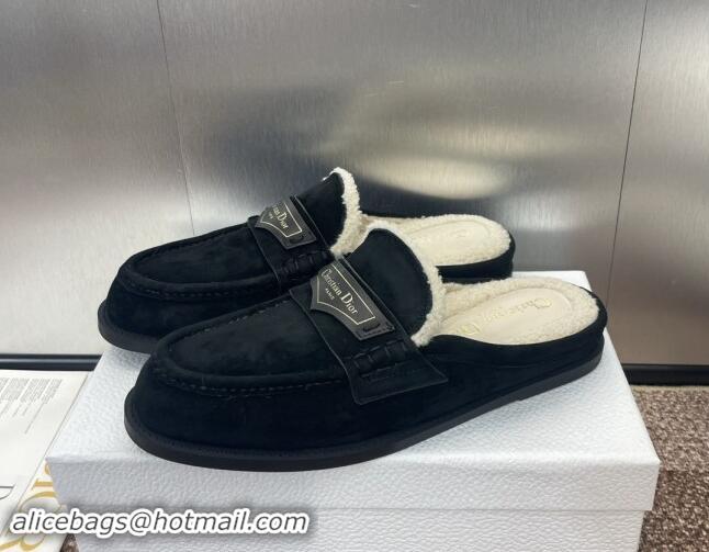 Top Grade Dior Boy Flat Mules in Suede and Shearling Wool Black 930013