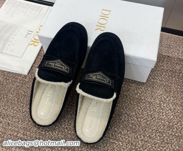 Top Grade Dior Boy Flat Mules in Suede and Shearling Wool Black 930013