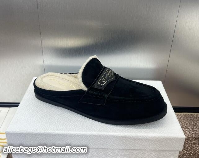 Top Grade Dior Boy Flat Mules in Suede and Shearling Wool Black 930013