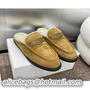 Best Grade Dior Boy Flat Mules in Suede and Shearling Wool Khaki 930014