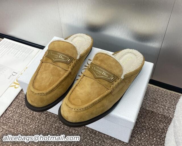 Best Grade Dior Boy Flat Mules in Suede and Shearling Wool Khaki 930014