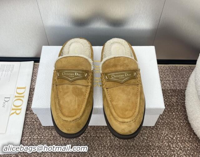 Best Grade Dior Boy Flat Mules in Suede and Shearling Wool Khaki 930014