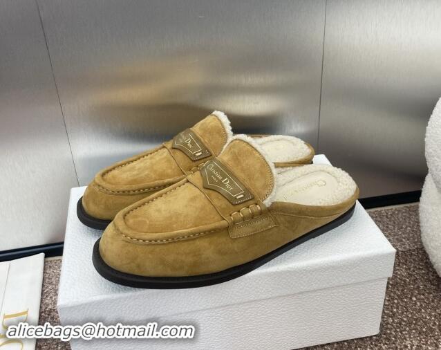 Best Grade Dior Boy Flat Mules in Suede and Shearling Wool Khaki 930014