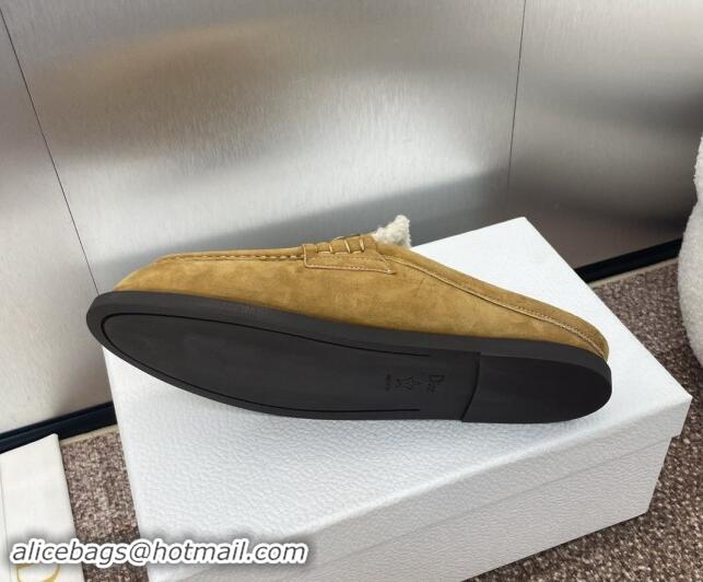 Best Grade Dior Boy Flat Mules in Suede and Shearling Wool Khaki 930014