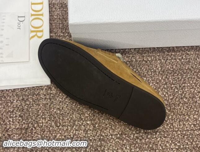 Best Grade Dior Boy Flat Mules in Suede and Shearling Wool Khaki 930014