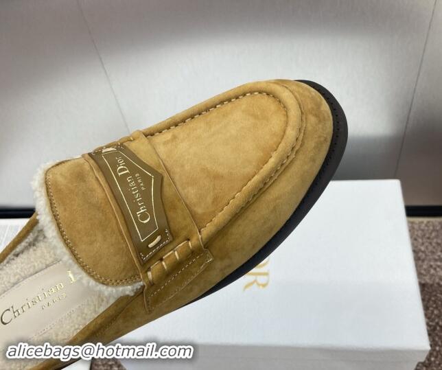 Best Grade Dior Boy Flat Mules in Suede and Shearling Wool Khaki 930014