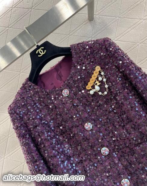 Popular Style Chanel Sequins Tweed Jacket M91101 Purple 2024