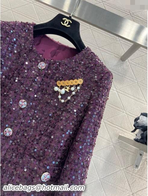 Popular Style Chanel Sequins Tweed Jacket M91101 Purple 2024