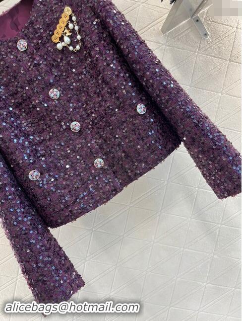 Popular Style Chanel Sequins Tweed Jacket M91101 Purple 2024