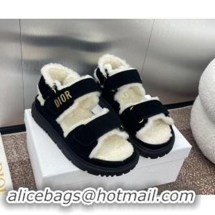 Pretty Style Dior Dioract Strap Flat Sandals in Suede and Shearling Black 930017