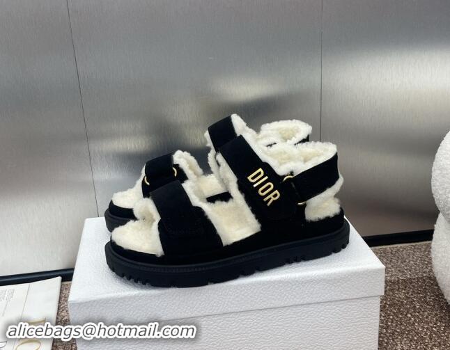 Pretty Style Dior Dioract Strap Flat Sandals in Suede and Shearling Black 930017