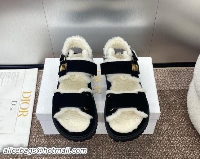 Pretty Style Dior Dioract Strap Flat Sandals in Suede and Shearling Black 930017