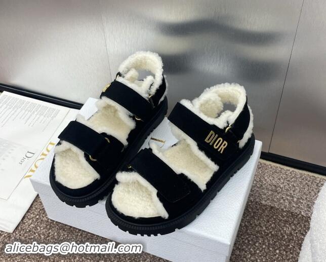 Pretty Style Dior Dioract Strap Flat Sandals in Suede and Shearling Black 930017