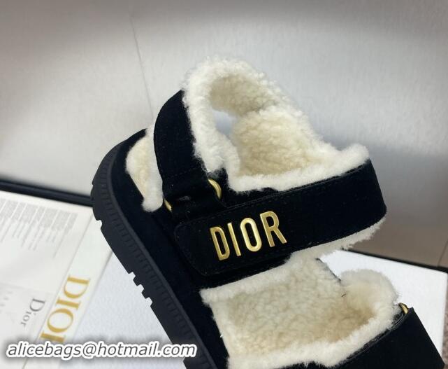 Pretty Style Dior Dioract Strap Flat Sandals in Suede and Shearling Black 930017