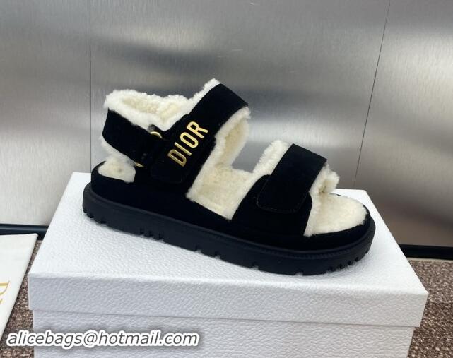 Pretty Style Dior Dioract Strap Flat Sandals in Suede and Shearling Black 930017