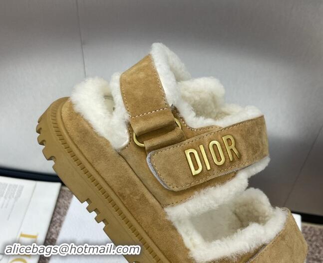 Grade Quality Dior Dioract Strap Flat Sandals in Suede and Shearling Light Brown 930018