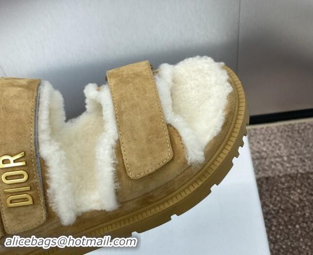 Grade Quality Dior Dioract Strap Flat Sandals in Suede and Shearling Light Brown 930018