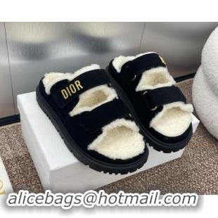 Low Cost Dior Dioract Strap Flat Slides Sandal in Suede and Shearling Black 930019