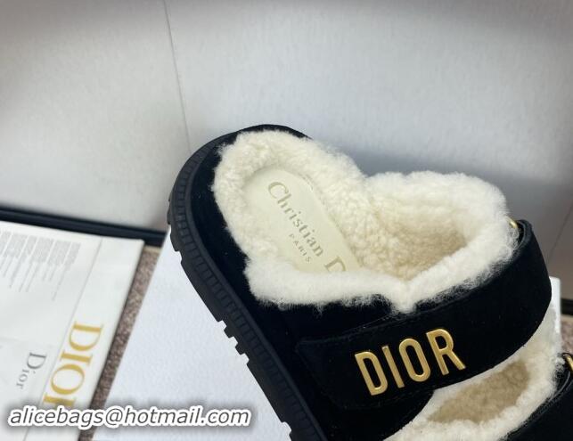 Low Cost Dior Dioract Strap Flat Slides Sandal in Suede and Shearling Black 930019