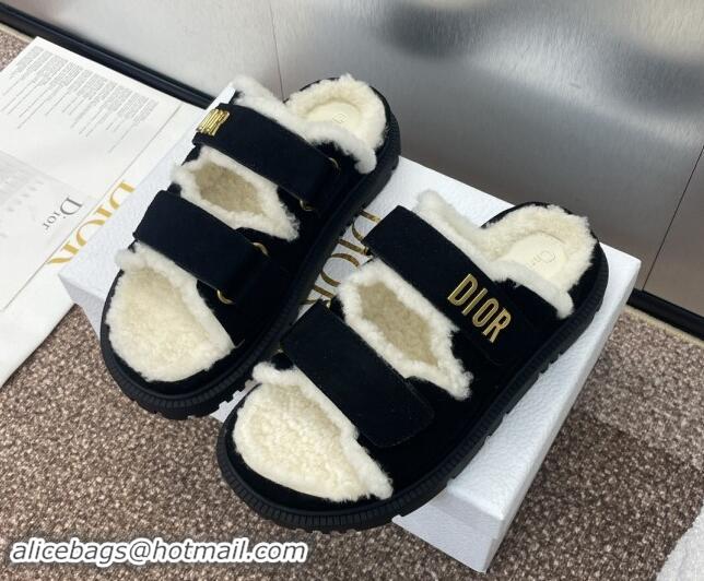 Low Cost Dior Dioract Strap Flat Slides Sandal in Suede and Shearling Black 930019