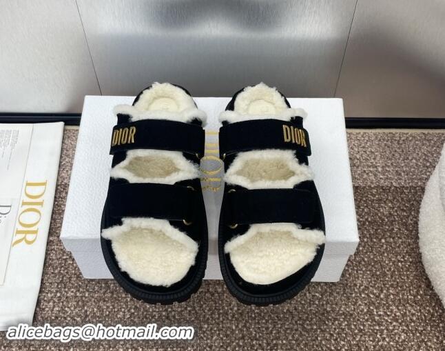 Low Cost Dior Dioract Strap Flat Slides Sandal in Suede and Shearling Black 930019