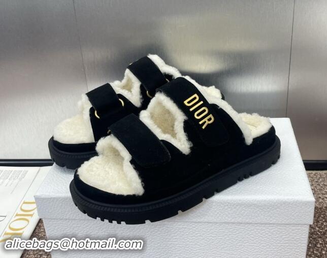 Low Cost Dior Dioract Strap Flat Slides Sandal in Suede and Shearling Black 930019