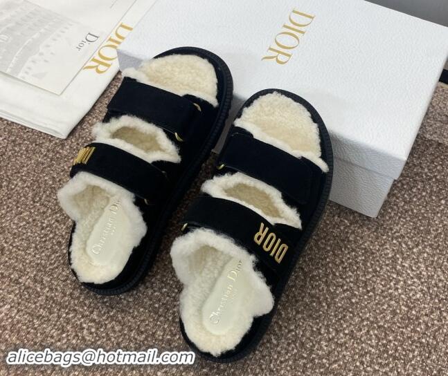 Low Cost Dior Dioract Strap Flat Slides Sandal in Suede and Shearling Black 930019