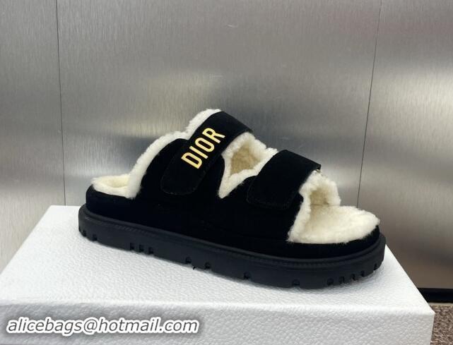 Low Cost Dior Dioract Strap Flat Slides Sandal in Suede and Shearling Black 930019