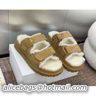 Top Grade Dior Dioract Strap Flat Slides Sandal in Suede and Shearling Light Brown 930020