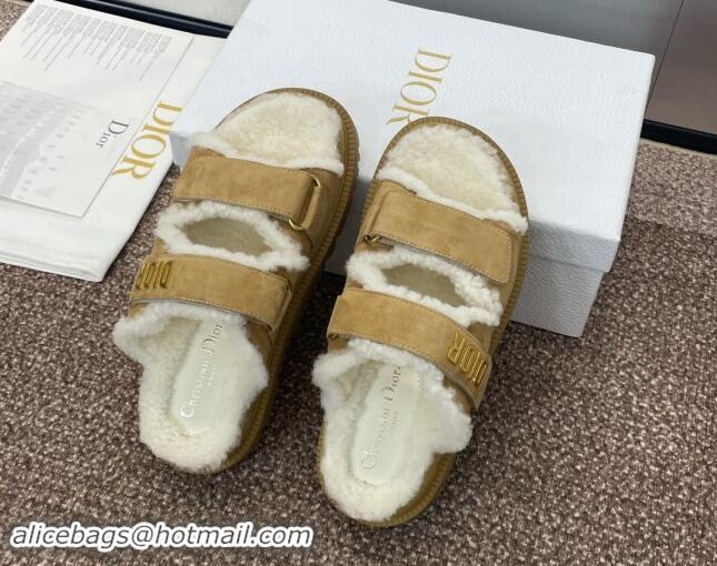 Top Grade Dior Dioract Strap Flat Slides Sandal in Suede and Shearling Light Brown 930020