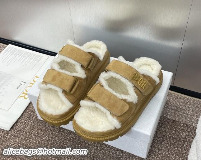 Top Grade Dior Dioract Strap Flat Slides Sandal in Suede and Shearling Light Brown 930020