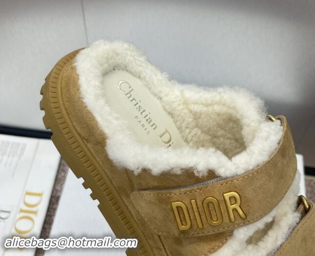 Top Grade Dior Dioract Strap Flat Slides Sandal in Suede and Shearling Light Brown 930020