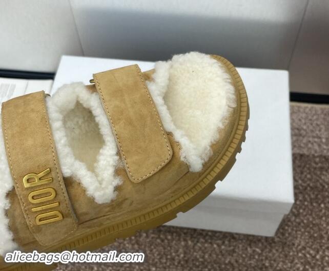 Top Grade Dior Dioract Strap Flat Slides Sandal in Suede and Shearling Light Brown 930020