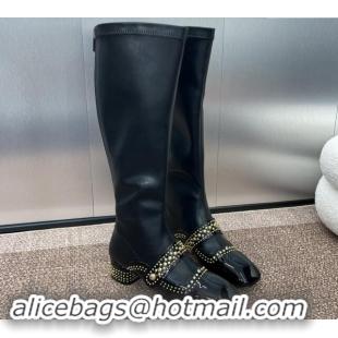 Shop Duplicate Dior Belle-D Heeled High Boots 3.5cm in Black Patent Calfskin and Gold-Finish Studs Black 930024