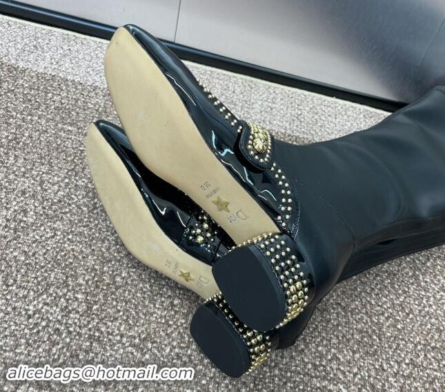 Shop Duplicate Dior Belle-D Heeled High Boots 3.5cm in Black Patent Calfskin and Gold-Finish Studs Black 930024