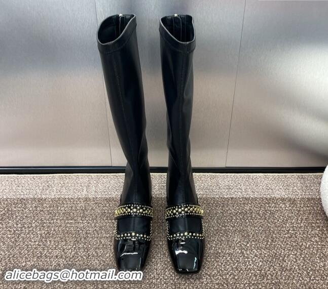 Shop Duplicate Dior Belle-D Heeled High Boots 3.5cm in Black Patent Calfskin and Gold-Finish Studs Black 930024