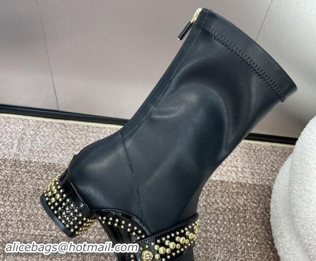 Best Product Dior Belle-D Heeled Ankle Boots 3.5cm in Black Patent Calfskin and Gold-Finish Studs Black 930026