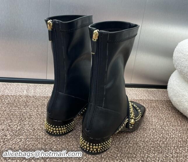 Best Product Dior Belle-D Heeled Ankle Boots 3.5cm in Black Patent Calfskin and Gold-Finish Studs Black 930026