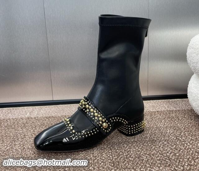 Best Product Dior Belle-D Heeled Ankle Boots 3.5cm in Black Patent Calfskin and Gold-Finish Studs Black 930026