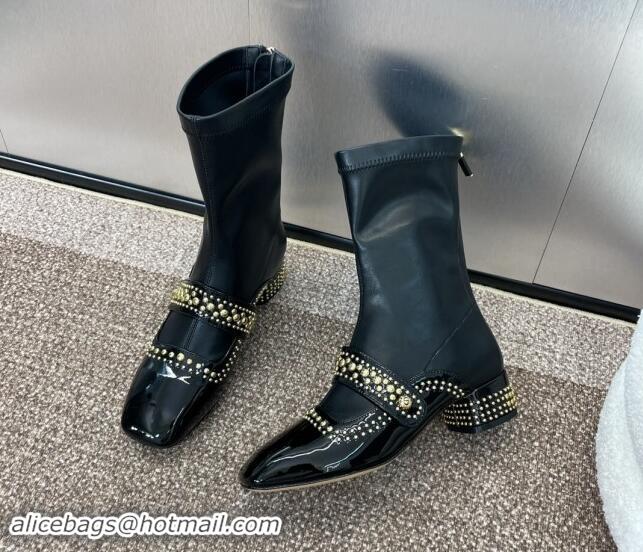 Best Product Dior Belle-D Heeled Ankle Boots 3.5cm in Black Patent Calfskin and Gold-Finish Studs Black 930026