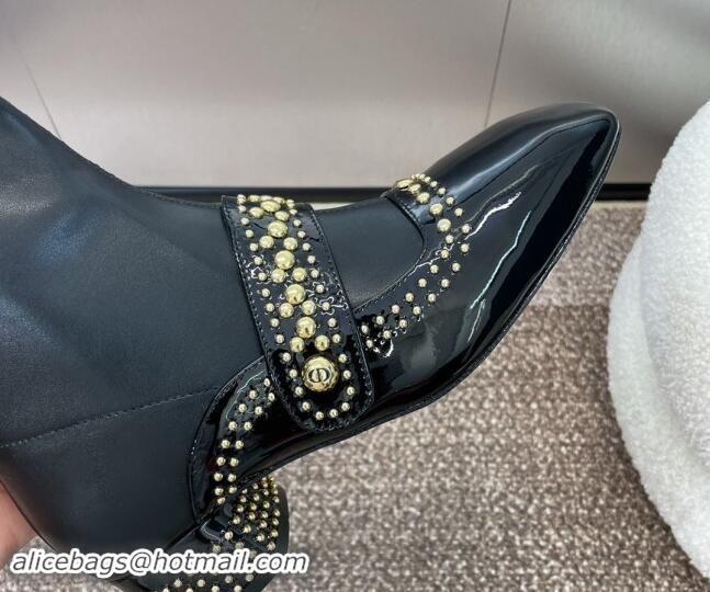 Best Product Dior Belle-D Heeled Ankle Boots 3.5cm in Black Patent Calfskin and Gold-Finish Studs Black 930026