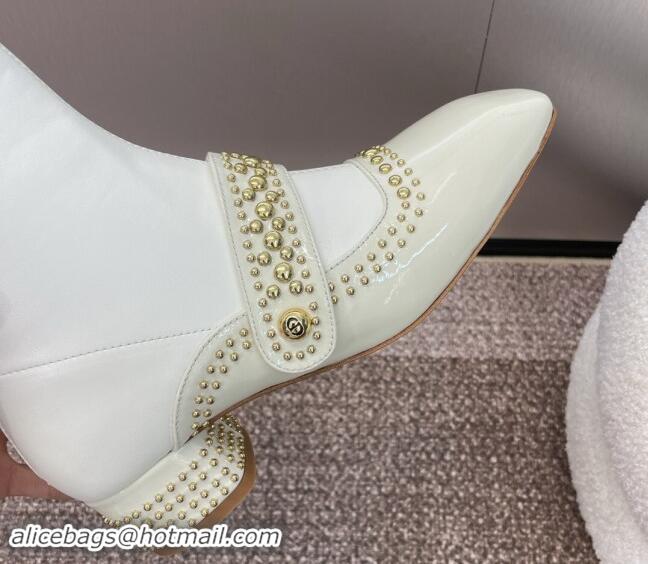 Good Quality Dior Belle-D Heeled Ankle Boots 3.5cm in Black Patent Calfskin and Gold-Finish Studs White 930027