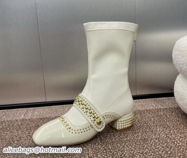 Good Quality Dior Belle-D Heeled Ankle Boots 3.5cm in Black Patent Calfskin and Gold-Finish Studs White 930027