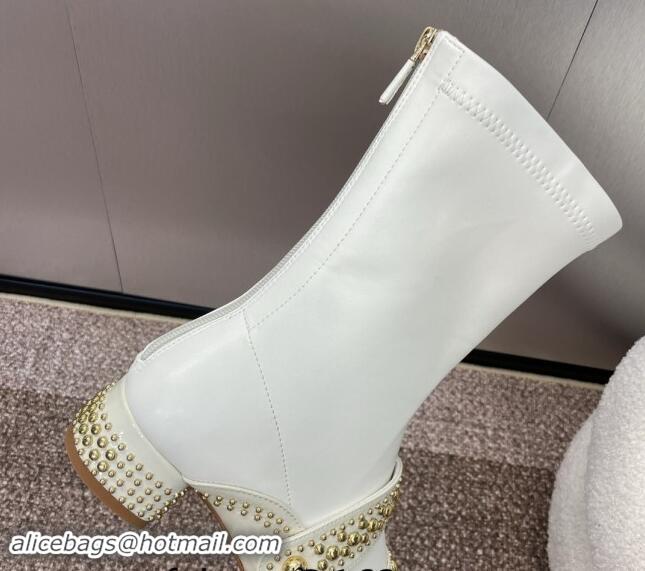 Good Quality Dior Belle-D Heeled Ankle Boots 3.5cm in Black Patent Calfskin and Gold-Finish Studs White 930027