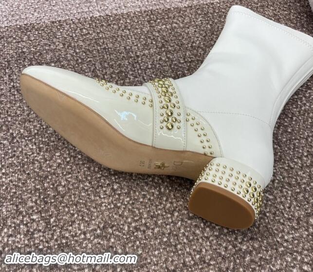 Good Quality Dior Belle-D Heeled Ankle Boots 3.5cm in Black Patent Calfskin and Gold-Finish Studs White 930027