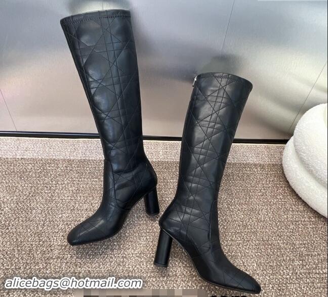 Good Quality Dior D-Shadow Heeled High Boots 9cm in Black Leather-Effect Stretch Material with Macrocannage Motif 930031