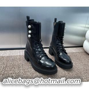 Luxury Dior D-Strike Ankle Boots 9cm in Black Matte Calfskin and White Resin Pearls 930033