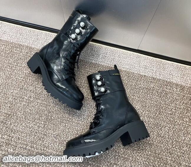 Luxury Dior D-Strike Ankle Boots 9cm in Black Matte Calfskin and White Resin Pearls 930033