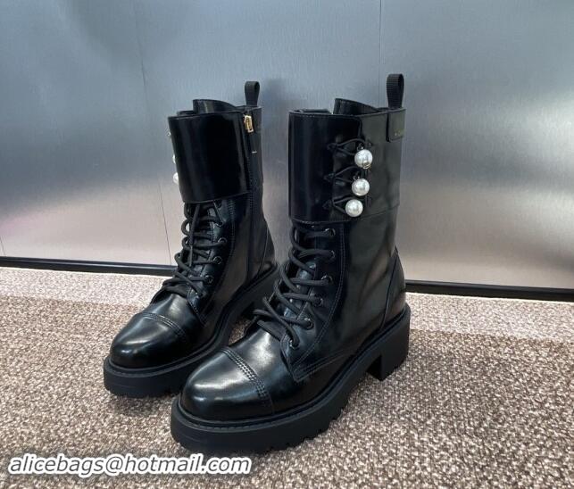 Luxury Dior D-Strike Ankle Boots 9cm in Black Matte Calfskin and White Resin Pearls 930033