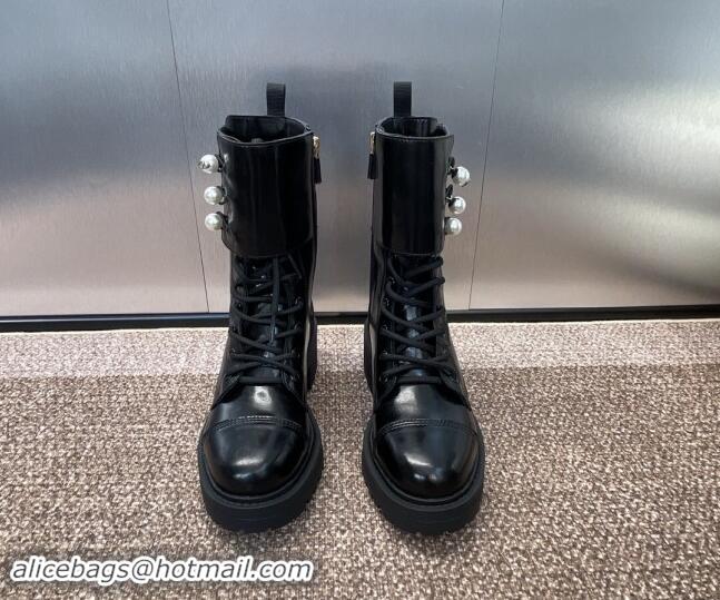 Luxury Dior D-Strike Ankle Boots 9cm in Black Matte Calfskin and White Resin Pearls 930033